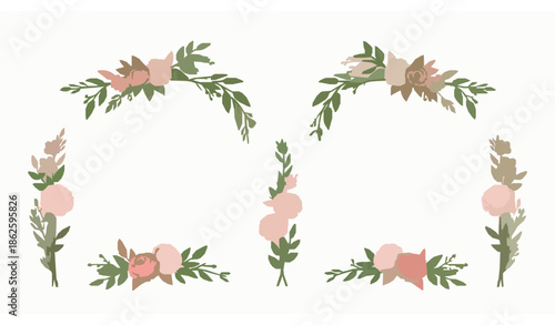 Romantic floral arch vector set with blooming flowers and greenery for wedding decoration