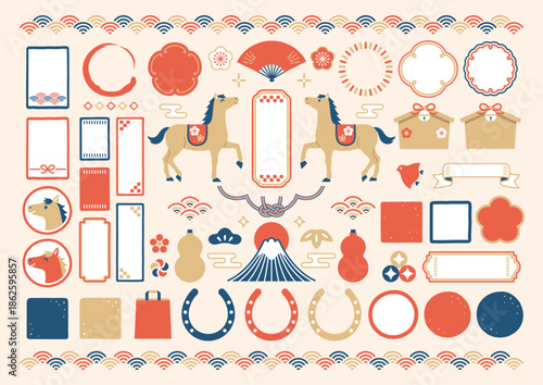 馬とお正月の手描き和風フレームセット