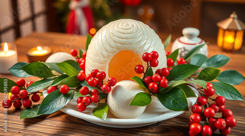 Christmas decoration with holly berry on wooden table, closeup