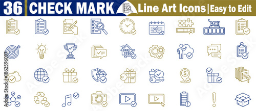 Thirty six check mark line art icons easy to edit task completion confirmation symbols Vector Illustration.