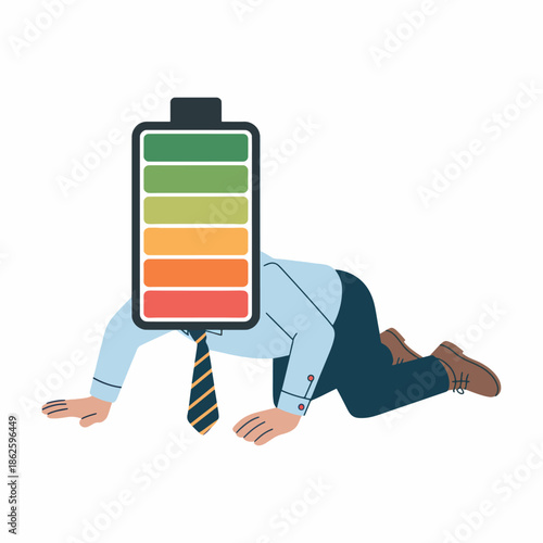 A cartoon businessman crawls on all fours with a battery icon for a head, displaying a low charge level, against a plain white background with a surreal mood.