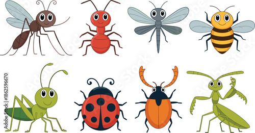 Colorful cartoon insect vector set with cute ant, bee, ladybug, grasshopper, and praying mantis characters