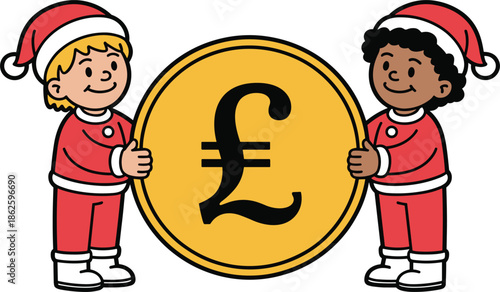Cartoon of two children dressed as Santa, holding a large gold British pound sterling coin