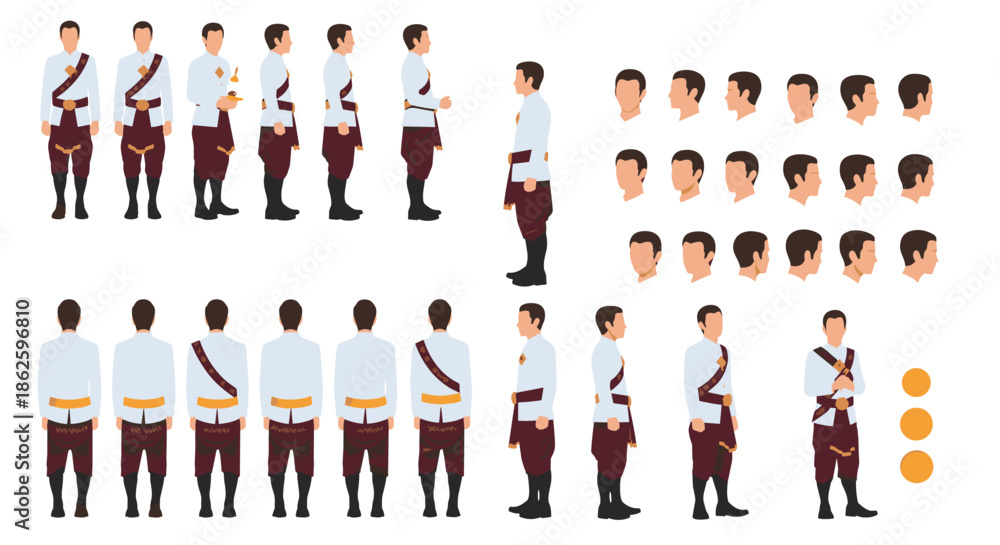 Fototapeta premium Detailed character design sheet showing a man in traditional Thai clothing from various angles and poses for animation or reference.