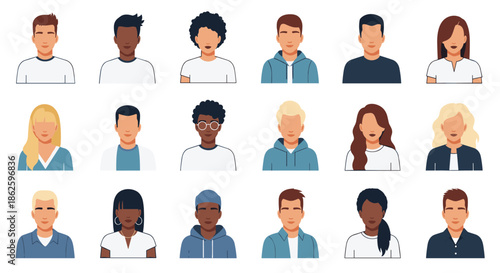 Grid of diverse people avatars representing different ethnicities, ages, and styles in a flat vector design suitable for social media.