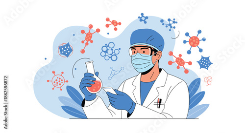 Professional scientist wearing a lab coat and protective face mask while working with chemical flasks and analyzing virus structures.