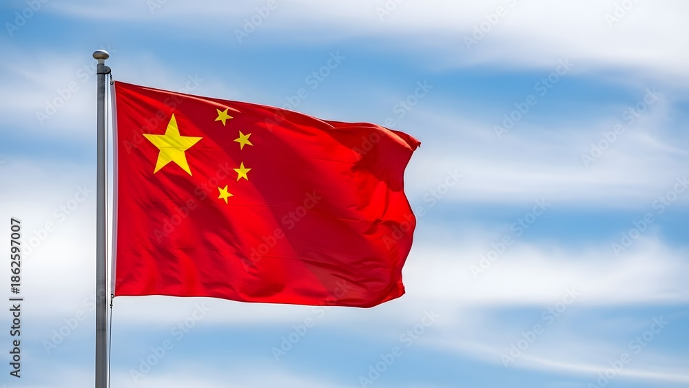 Naklejka premium The flag of china waving in the wind on a pole against a blue sky with white clouds on a sunny day outside
