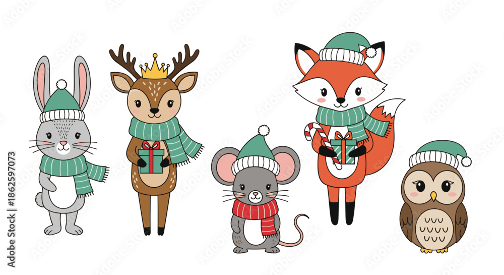 Fototapeta premium Set of five cute winter animals including a rabbit, deer, mouse, fox, and owl wearing green hats and scarves while holding Christmas gifts.