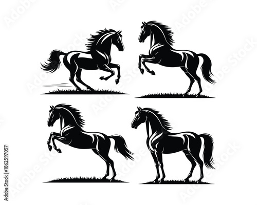 Rearing & jumping horse, wild mustang running, powerful running, athletic horse, mustang galloping Silhouette vector design set collection, rearing horse silhouette, jumping horse silhouette, running 
