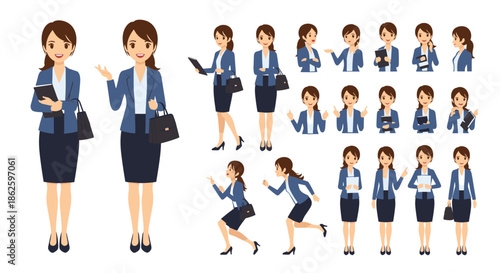 Extensive set of business woman character poses showing a professional in various actions like walking, talking, and carrying a bag.