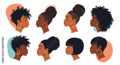 Collection of side profile illustrations of black women with diverse hairstyles ranging from braids and buns to curly and short cuts.