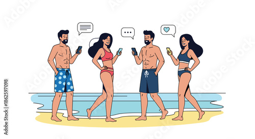 Group of friends standing on a sunny beach in swimsuits while using their smartphones to text and post on social media during vacation.