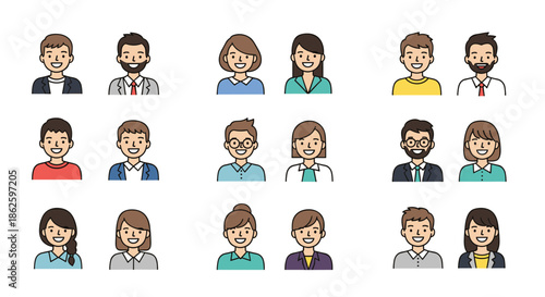 Large set of simple people avatars featuring different male and female characters in various outfits and professional business attire.
