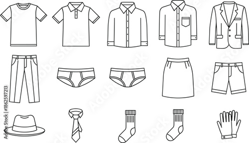 Clothing line art illustration, fashion items, black and white style, wardrobe icons, apparel sketch, accessories, minimalist design, outfit elements