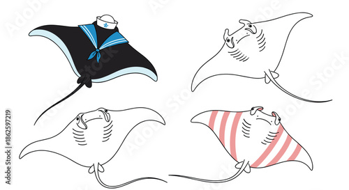 Four detailed illustrations of manta rays with unique patterns including a sailor outfit and striped design on a plain white background.