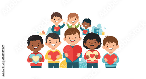 Group of happy and diverse children standing together while holding red and blue heart shapes to show love and friendship for others.