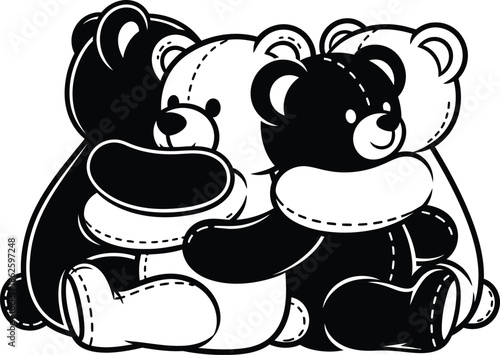 Hugging Teddy Bears Vector Illustration Black and White Plush Toy Friends Group Graphic Art
