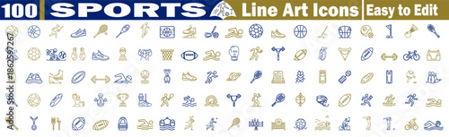 Comprehensive set of 100 sports line art icons for digital design and fitness application Vector Illustration.