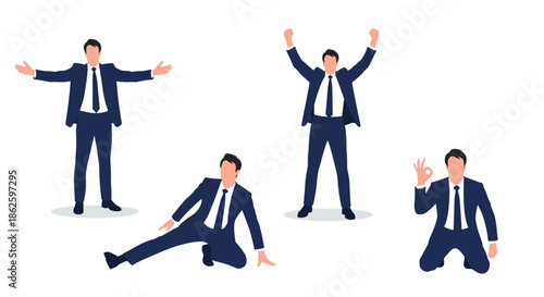 Dynamic set of businessman character poses showing success, victory, and professional gestures in a clean flat vector illustration style.