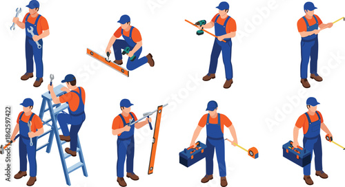 construction worker icons, handyman tasks, tool usage, ladder work, spirit level, power drill, toolbox, tape measure, repair action, DIY scene