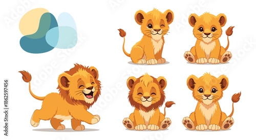 Set of adorable baby lion cubs in different sitting and playing poses with cute expressions in a warm and bright illustration style.