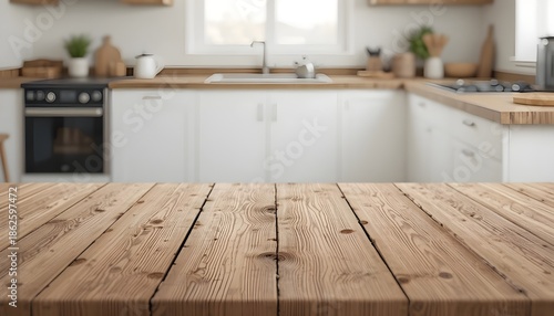 Empty Wooden Table with Blurred Kitchen Background for Product Display and Design