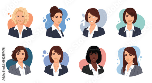 Selection of eight professional woman avatars with various hairstyles and business attire set against colorful abstract backgrounds.