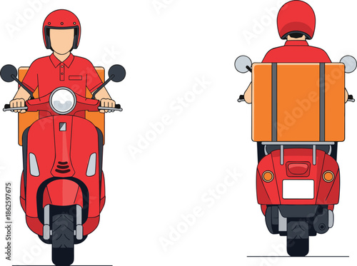Delivery rider icon set, scooter front rear view, courier box vector bundle, graphic transport service illustration, logistics design pack