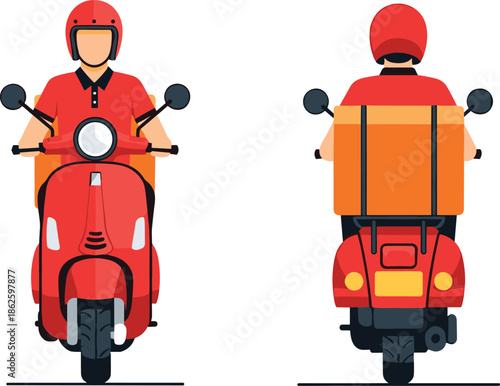 Delivery scooter illustration, front and back view, red scooter, courier rider, urban transport, helmet, parcel box, cartoon design