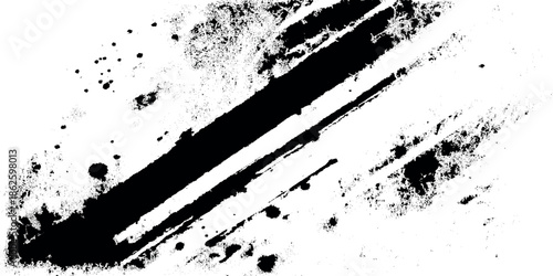 A striking abstract composition featuring bold black brushstrokes and scattered splatters on a clean white background