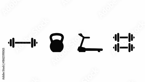 Gym and fitness equipment icons set featuring barbell, kettlebell, treadmill and dumbbells