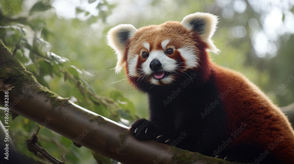 Obraz premium Curious Red Panda Clinging Gracefully To A Mossy Tree Branch In A Sunlit Forest Scene