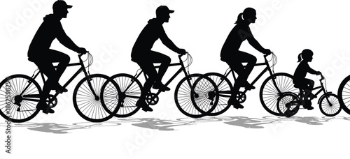 family cycling, bicycle silhouettes, outdoor activity, group ride, child bike, generational motion, black white, shadow cast, togetherness, sport icon
