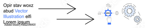 Workflow management, automation, data processing, system integration, business plans, software solutions. Arrows connecting text to gears and tools. Workflow management and automation concept