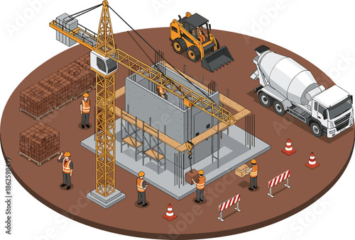 Isometric construction site with tower crane, concrete mixer truck, workers, and yellow machinery building a concrete structure for industrial urban development.