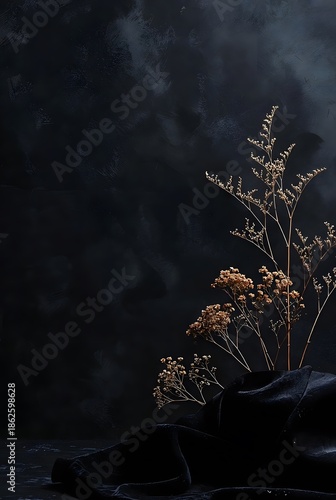 Minimalist branch of dried flowers against dark painted wall with elegant fabric drapes