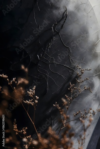 Macro view of dried flowers and fine branches against distressed dark gray textured wall