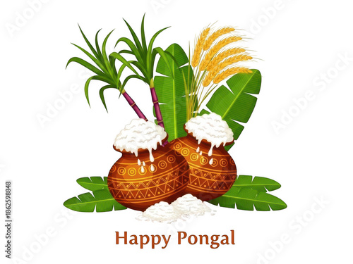 Pongal celebration elements with pots and plants isolated on transparent background