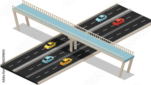 Isometric highway overpass with cars, orange road work warning sign, winding asphalt path, and house construction with scaffolding vector set, isolated.