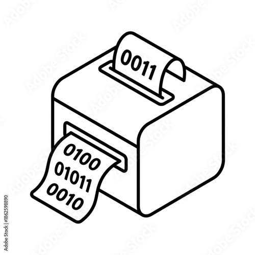 Isometric line art icon of a data processing machine with binary code output