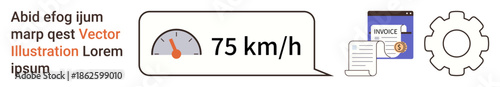 Business analytics, speed measurement, financial data, optimization, automation, workflow. Digital speedometer showing 75 kmh, invoice with currency and a gear icon. Speed measurement and financial