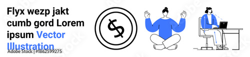 Person meditating in cross-legged pose, dollar icon symbolizing money, professional working on a laptop. Ideal for wellness, productivity, financial growth, remote work, focus, mental health
