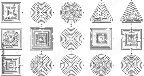 maze grid, puzzle icons, shape mazes, square circle triangle heart, cognitive challenge, visual logic, brain teaser, pattern design, plus symbol