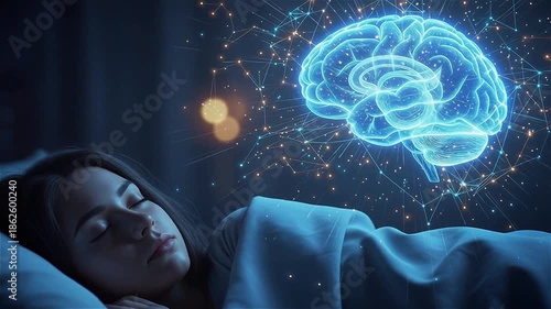 Young woman sleeping peacefully at night with a glowing 3D brain neural network rendering floating above, symbolizing deep sleep, dream analysis, and brain health technology.