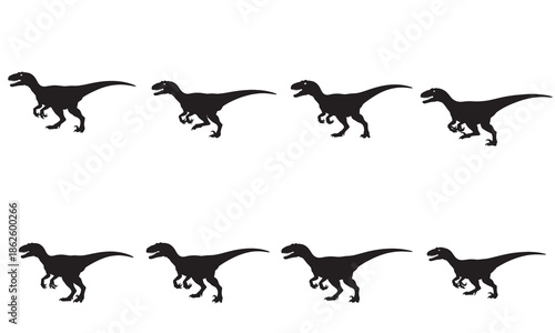 Multiple black valentine's day silhouettes of a running velociraptor dinosaur and an adobe illustrator logo on a white background