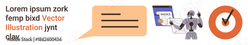 Data security, automation, identity verification, digital communication, artificial intelligence, cybersecurity. Chat bubble, robot holding documents app and checkmark. Data security and automation