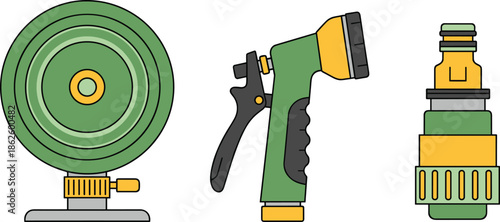 garden hose reel, spray nozzle, hose connector, watering tools, outdoor gear, irrigation accessories, green yellow, gardening setup, hose equipment, water control