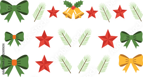 holiday icons, Christmas elements, festive grid, pine branch, red star, green bow, golden bells, holly berries, seasonal decor, celebration symbols
