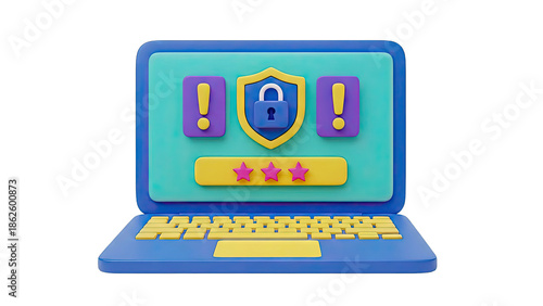 3D Laptop with Security and Stars Icons