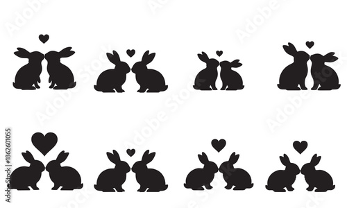 Collection of various loving rabbit couple valentine's day silhouettes with heart symbols above them